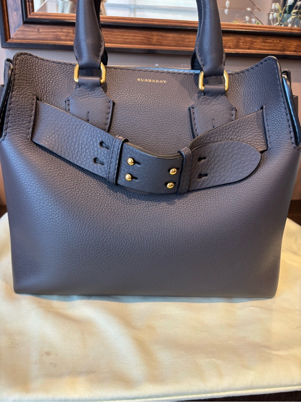 Burberry Belted Dark Gray Leather Satchel with Gold Hardware